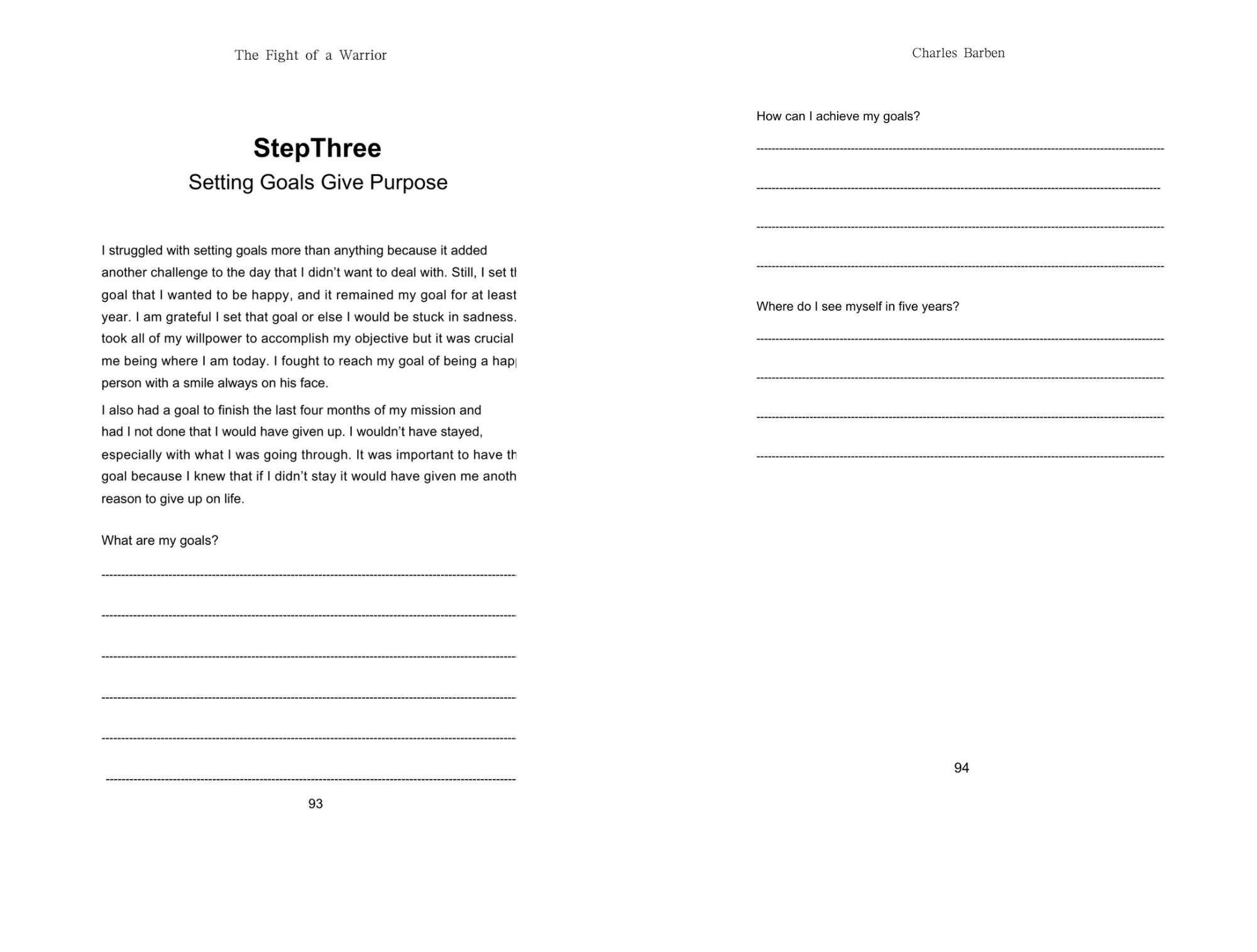 Open spread from The Fight of a Warrior — workbook inside pages